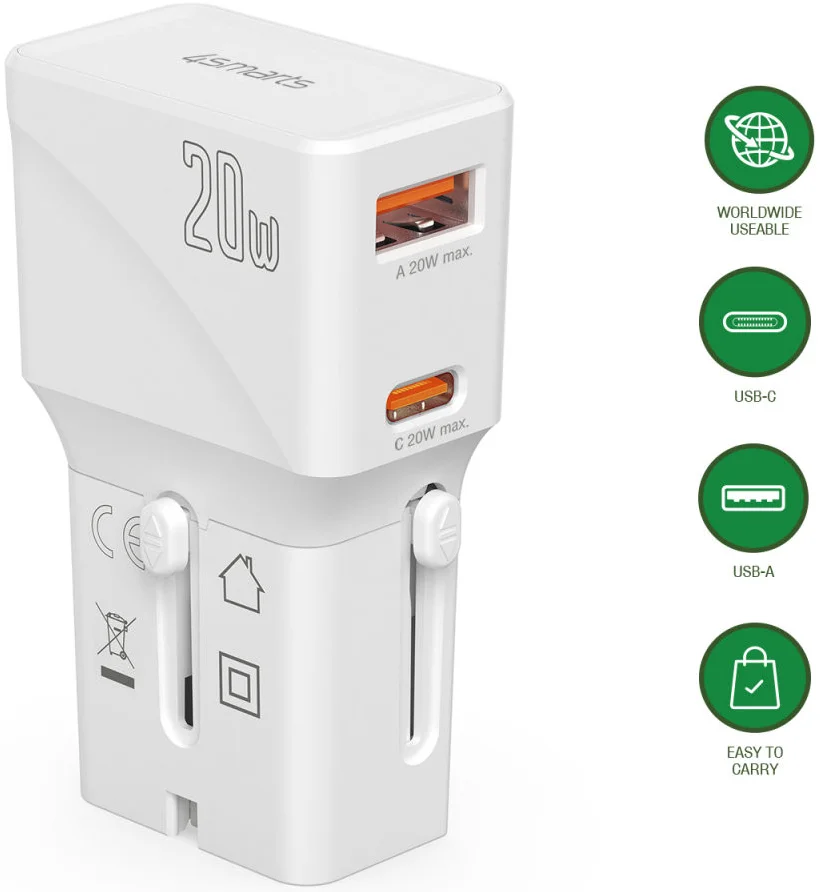 4smarts Universele Wereldstekker US/AUS/UK/EU Fast Charge 20W afbeelding 1