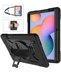 Samsung Galaxy Tab S6 Lite Hoes Back Cover met Kickstand en Handriem Zwart