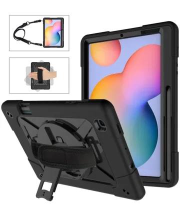 Samsung Galaxy Tab S6 Lite Hoes Back Cover met Kickstand en Handriem Zwart Hoesjes