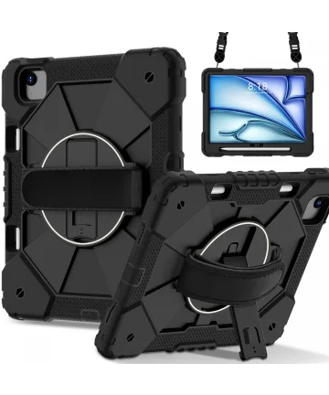 Apple iPad Air 11 (2024) Hoes Back Cover met Kickstand en Handriem Zwart Hoesjes