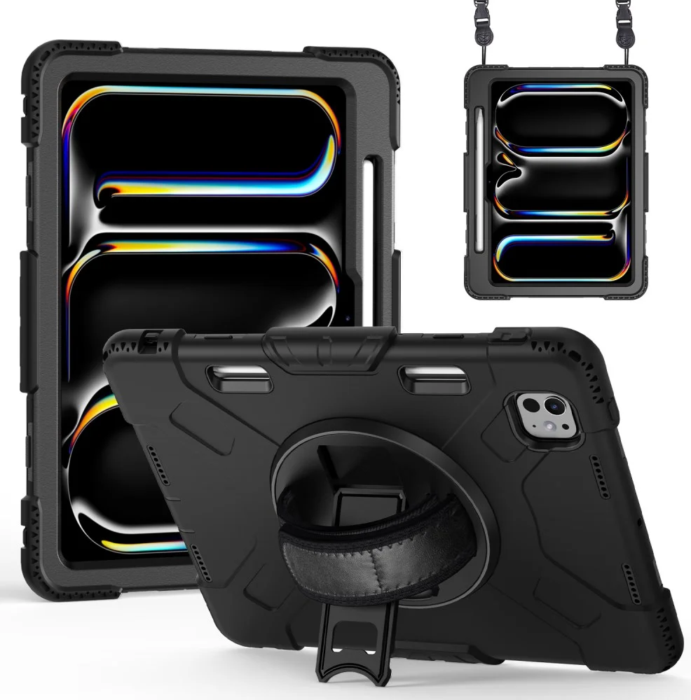 Apple iPad Pro 11 (2024) Hoes Back Cover met Kickstand en Handriem Zwart afbeelding 1