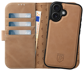 Rosso Elite Apple iPhone 16 Hoesje met MagSafe Book Case Echt Leer Lichtbruin afbeelding