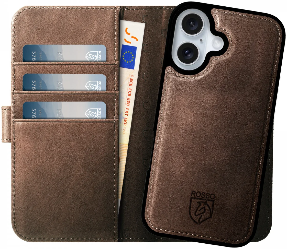 Rosso Elite Apple iPhone 16 Hoesje met MagSafe Book Case Echt Leer Bruin afbeelding 1