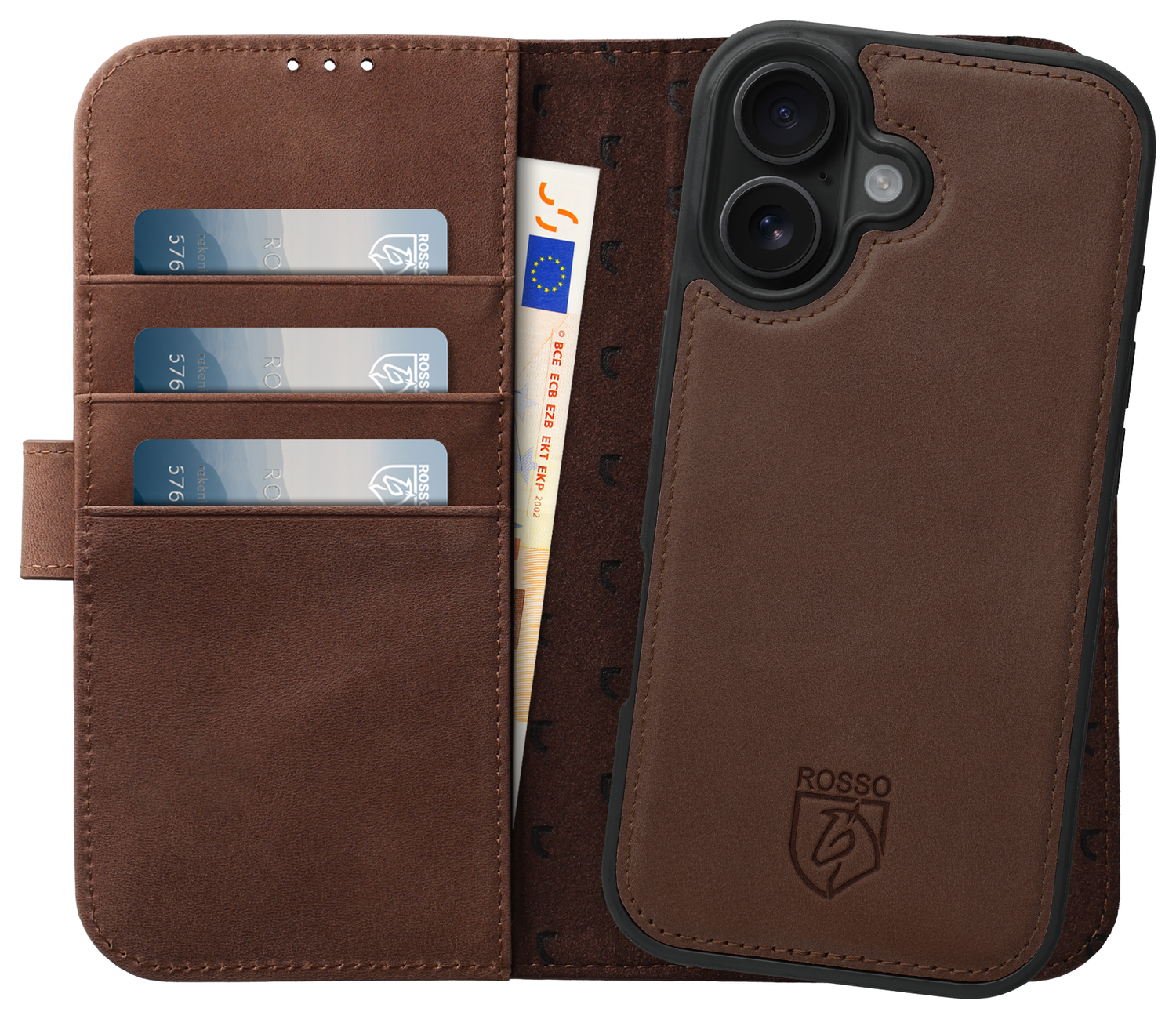 Rosso Elite Apple iPhone 16 Hoesje met MagSafe Book Case Echt Leer Bruin afbeelding 1