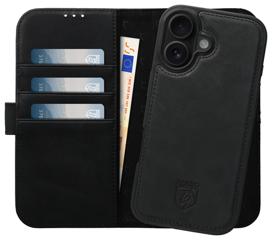 Rosso Elite Apple iPhone 16 Hoesje met MagSafe Book Case Echt Leer Zwart afbeelding 1