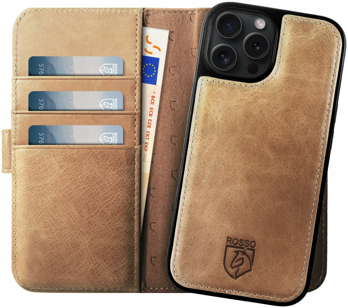 Rosso Elite iPhone 16 Pro Max Hoesje MagSafe Book Case Echt Leer Lichtbruin afbeelding 1