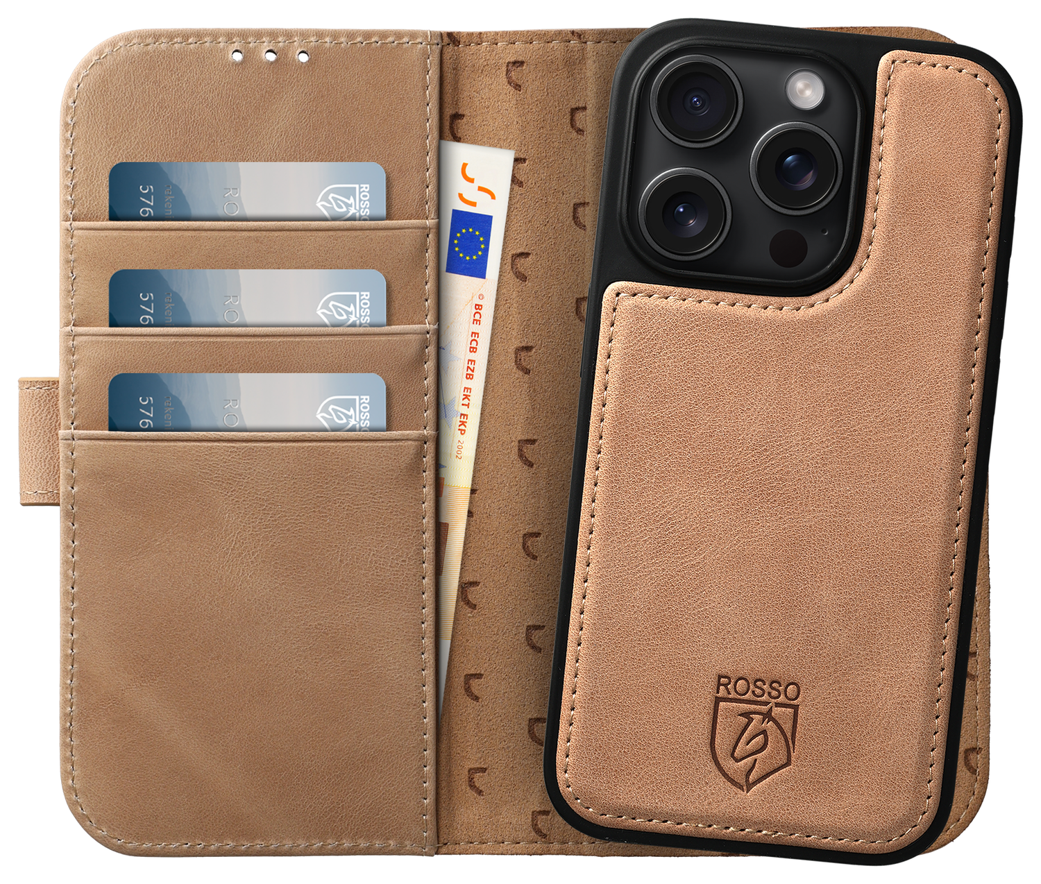 Rosso Elite iPhone 16 Pro Max Hoesje MagSafe Book Case Echt Leer Lichtbruin afbeelding 1