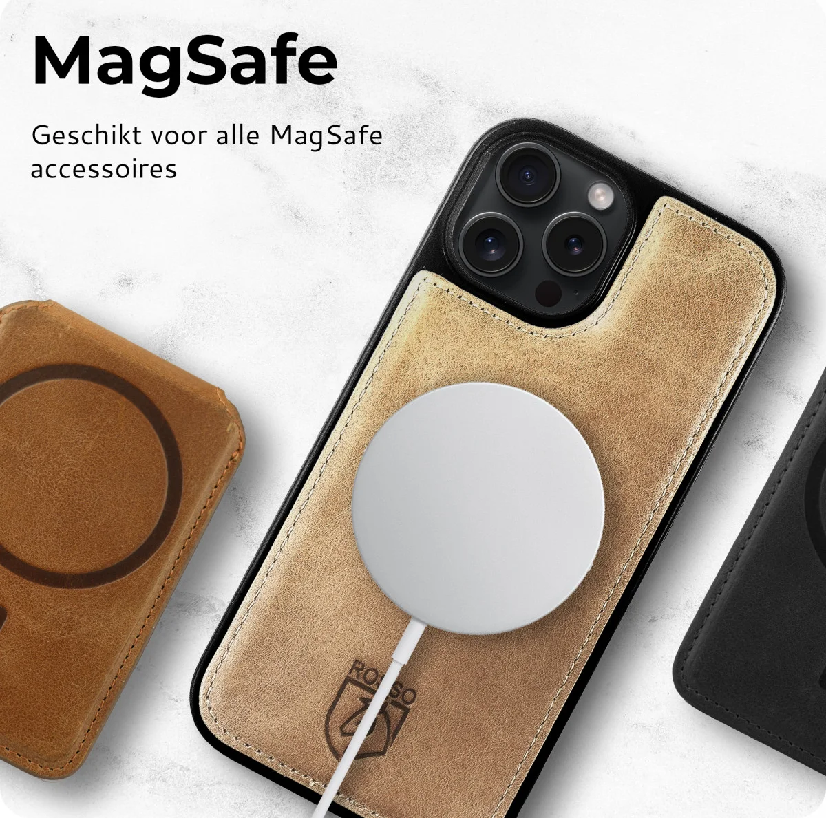 Rosso Elite iPhone 16 Pro Max Hoesje MagSafe Book Case Echt Leer Lichtbruin afbeelding 5