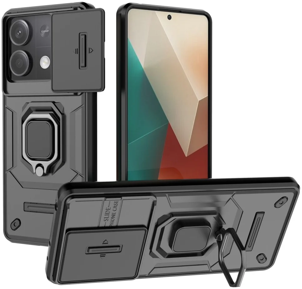 Xiaomi Redmi Note 13 5G Hoesje met Camera Slider en Kickstand Ring Zwart afbeelding 1