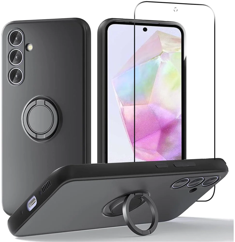 Samsung Galaxy A35 Hoesje Siliconen Kickstand Zwart + Tempered Glass afbeelding 1