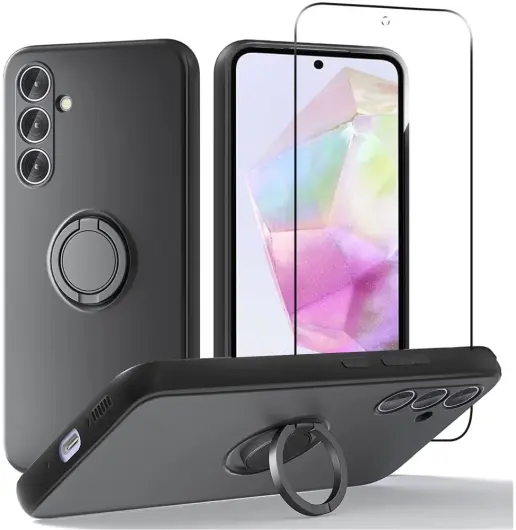 Samsung Galaxy A35 Hoesje Siliconen Kickstand Zwart + Tempered Glass afbeelding 1