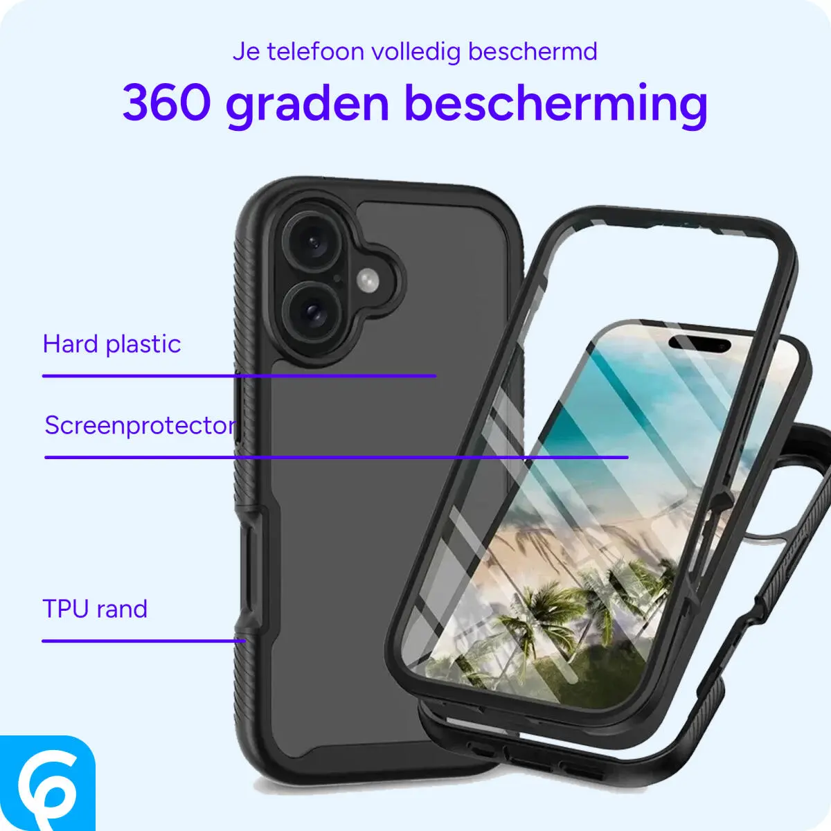 Apple iPhone 16 Hoesje Full Protect 360° Cover Hybride Zwart afbeelding 2