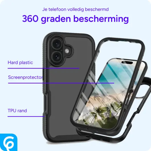 Apple iPhone 16 Hoesje Full Protect 360° Cover Hybride Zwart afbeelding 2