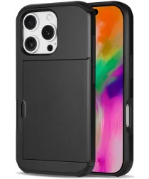 Apple iPhone 16 Pro Hoesje met Slider Kaarthouder Back Cover Zwart