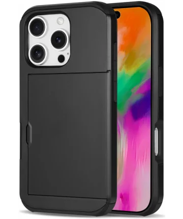 Apple iPhone 16 Pro Hoesje met Slider Kaarthouder Back Cover Zwart Hoesjes