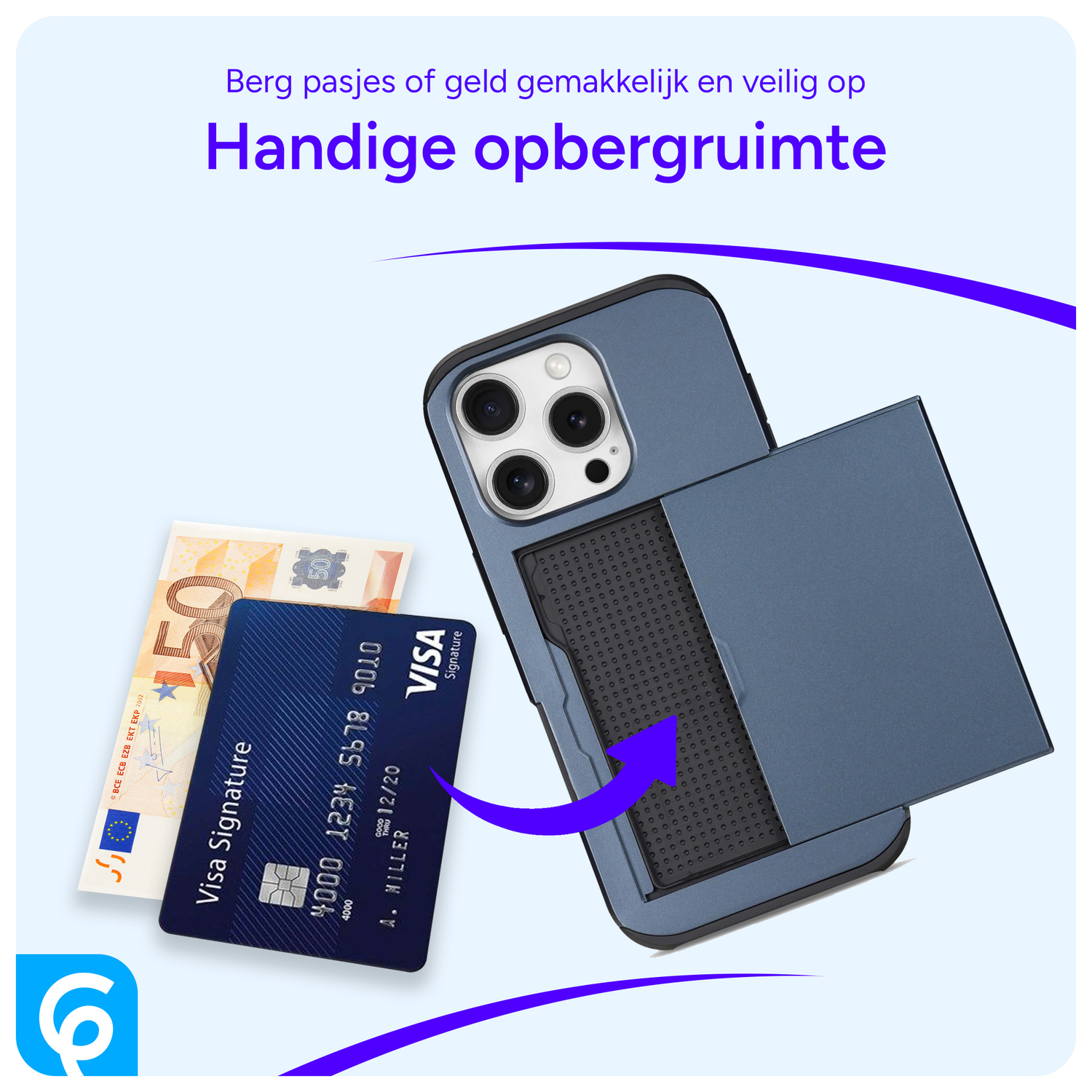 Apple iPhone 16 Pro Hoesje met Slider Kaarthouder Back Cover Blauw afbeelding 3