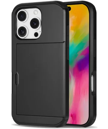 Apple iPhone 16 Pro Max Hoesje met Slider Kaarthouder Back Cover Zwart Hoesjes