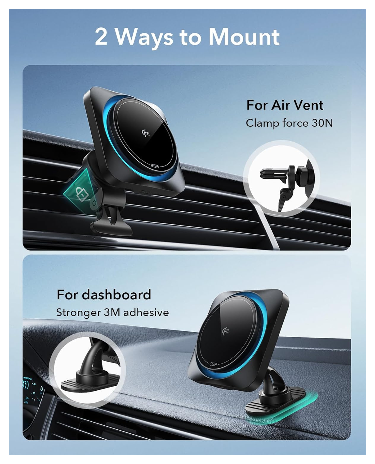ESR HaloLock Magnetische Dashboard / Ventilatie Autohouder met Opladen Qi2 15W afbeelding 7
