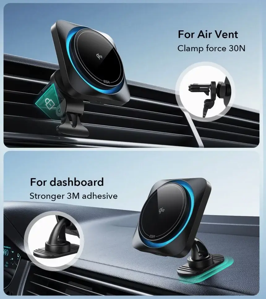 ESR HaloLock Magnetische Dashboard / Ventilatie Autohouder met Opladen Qi2 15W afbeelding 2