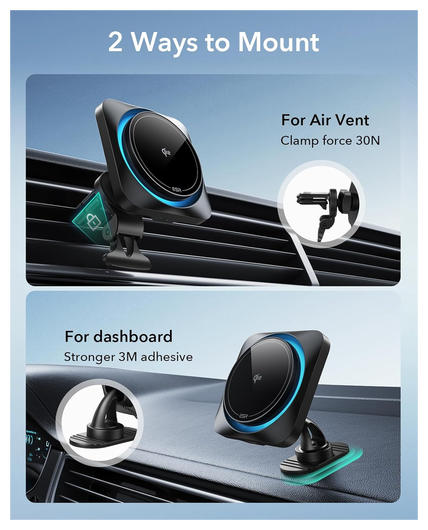 ESR HaloLock Magnetische Dashboard / Ventilatie Autohouder met Opladen Qi2 15W afbeelding 7