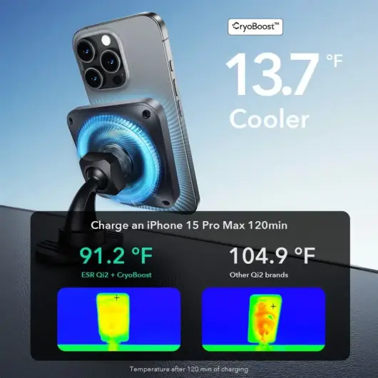 ESR HaloLock Magnetische Dashboard / Ventilatie Autohouder met Opladen Qi2 15W afbeelding 3