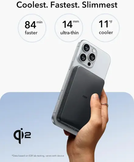 ESR Qi2 MagSlim 15W Powerbank met Magsafe 5.000mAh Zwart afbeelding 2