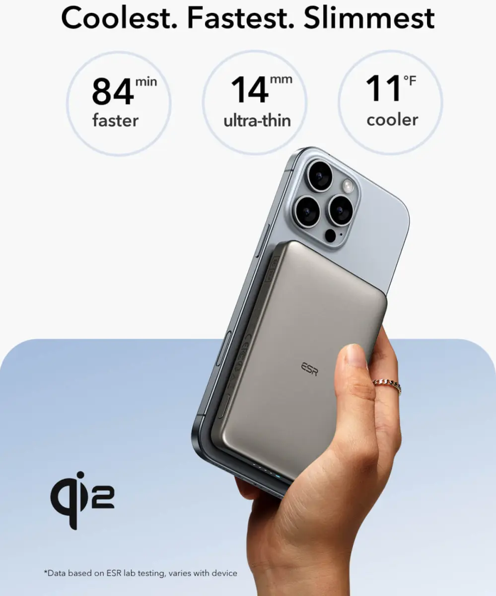 ESR Qi2 MagSlim 15W Power Bank met Magsafe 10.000mAh Titanium afbeelding 3