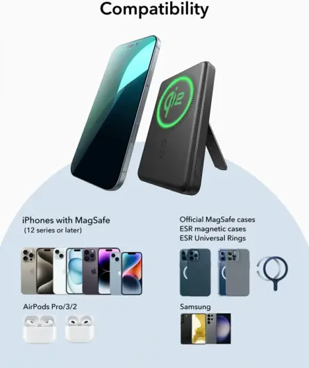 ESR Qi2 MagSlim Kickstand 15W Powerbank met MagSafe 5000mAh Zwart afbeelding 8
