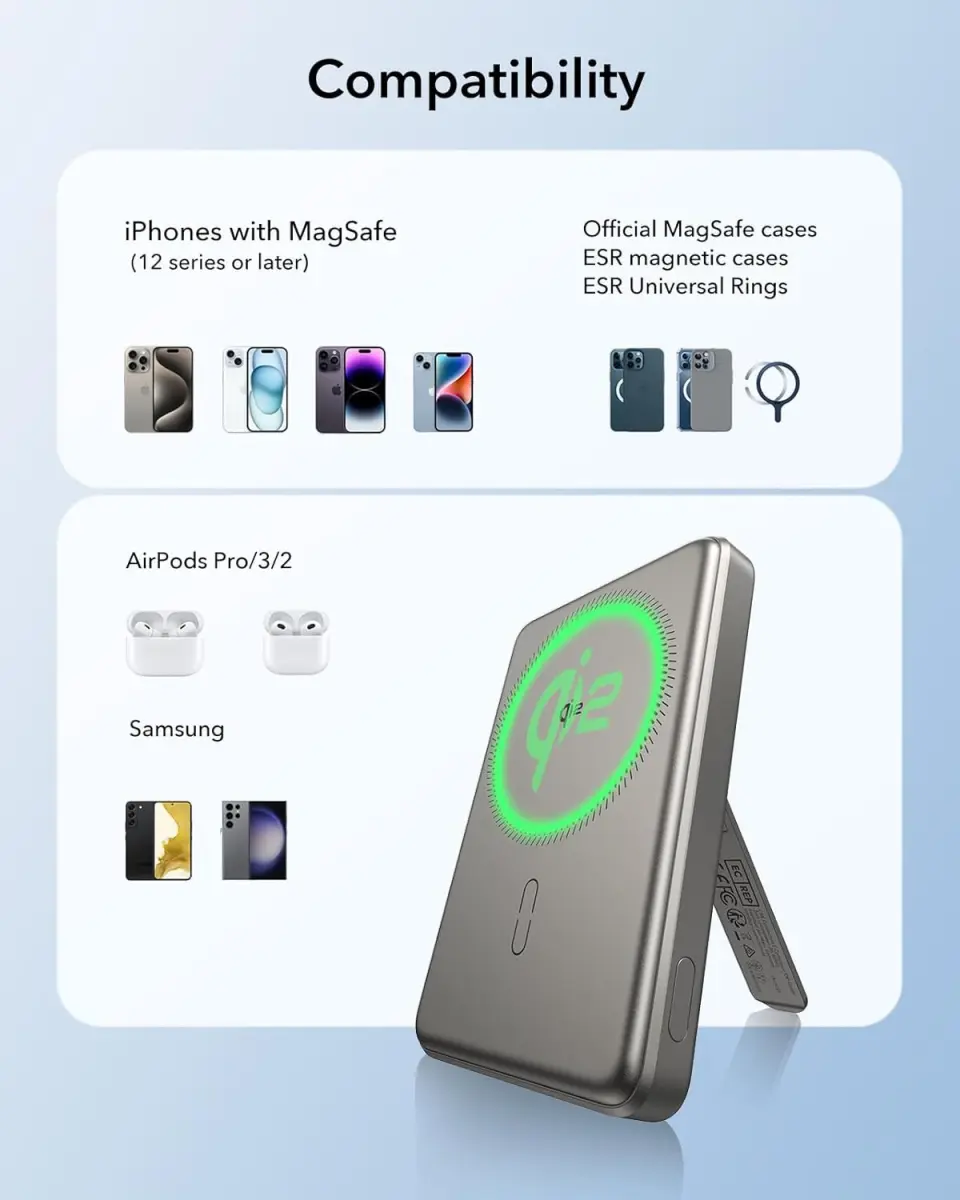 ESR Qi2 MagSlim Kickstand 15W Powerbank met MagSafe 5000mAh Titanium afbeelding 2