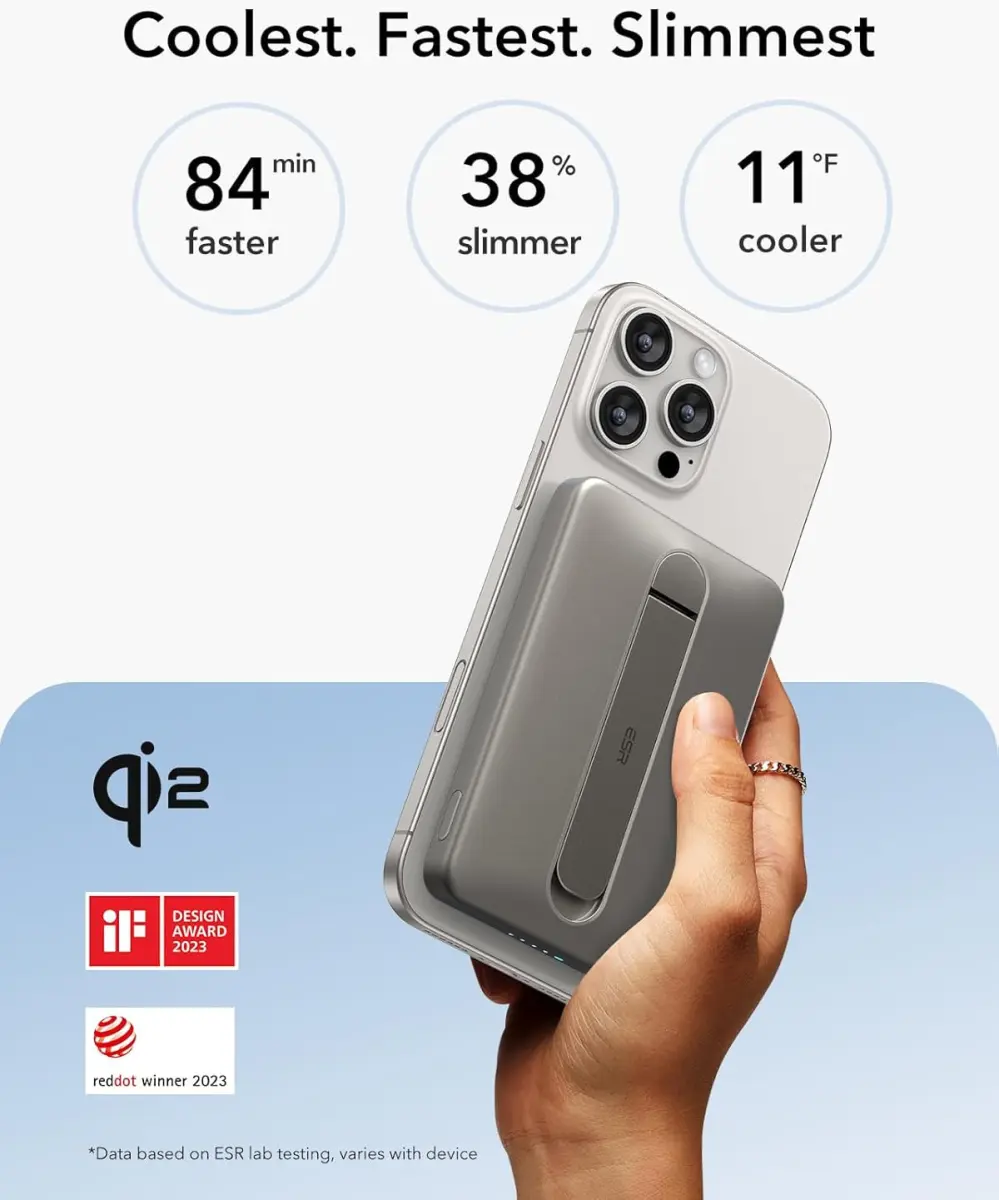 ESR Qi2 MagSlim Kickstand 15W Powerbank met MagSafe 5000mAh Titanium afbeelding 3