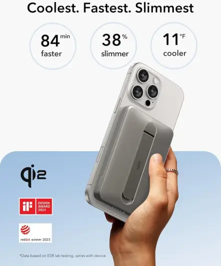 ESR Qi2 MagSlim Kickstand 15W Powerbank met MagSafe 5000mAh Titanium afbeelding 3