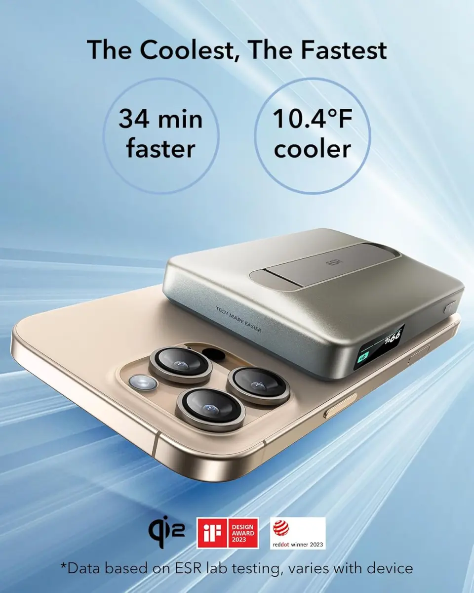 ESR Qi2 MagSlim Kickstand 15W Powerbank met MagSafe 10000mAh Titanium afbeelding 3