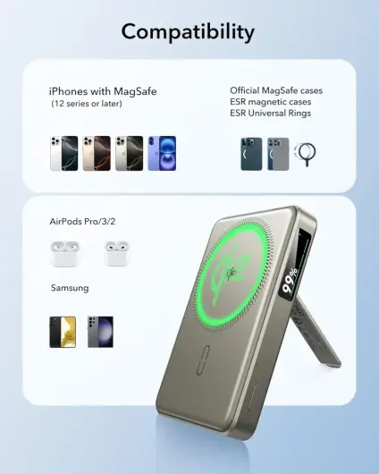 ESR Qi2 MagSlim Kickstand 15W Powerbank met MagSafe 10000mAh Titanium afbeelding 2