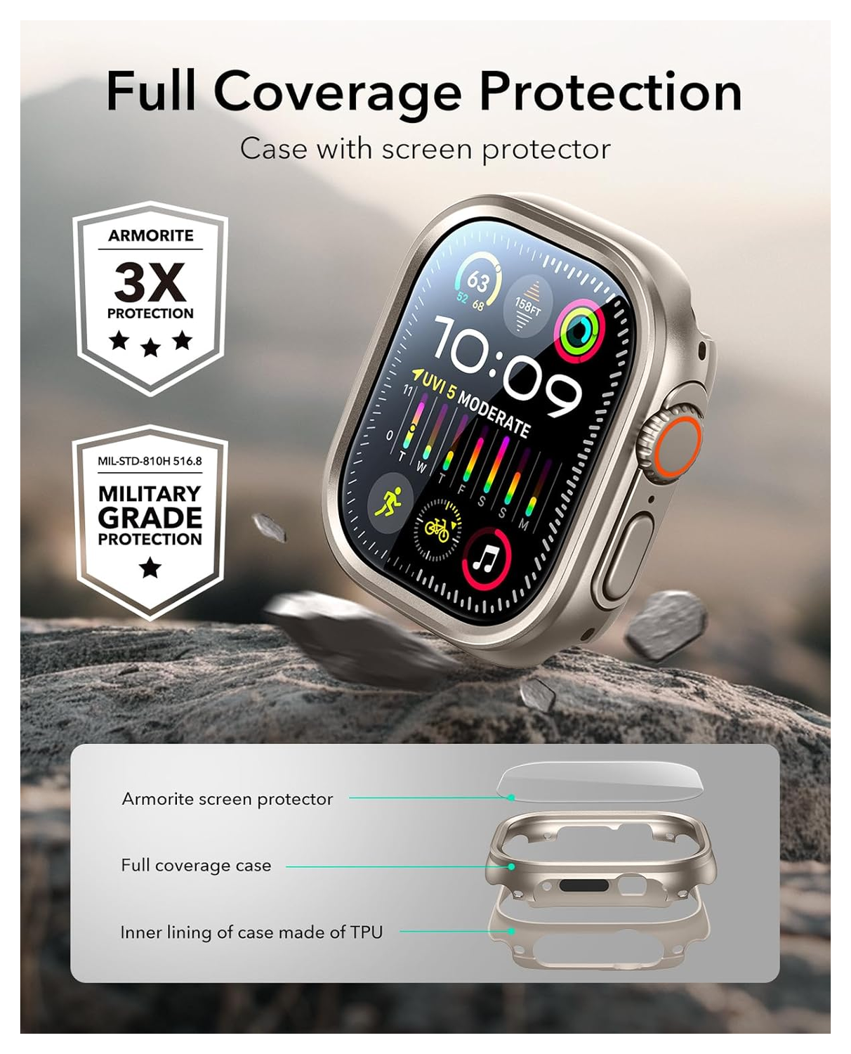 ESR - Apple Watch Ultra 3/2/1 Hoesje - met 2-Pack Screen Protector - Titanium afbeelding 5
