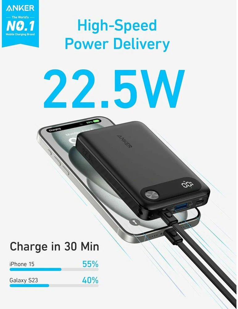 Anker (22.5W) USB-A en 2x USB-C Power Delivery Powerbank 10.000 mAh Zwart afbeelding 2