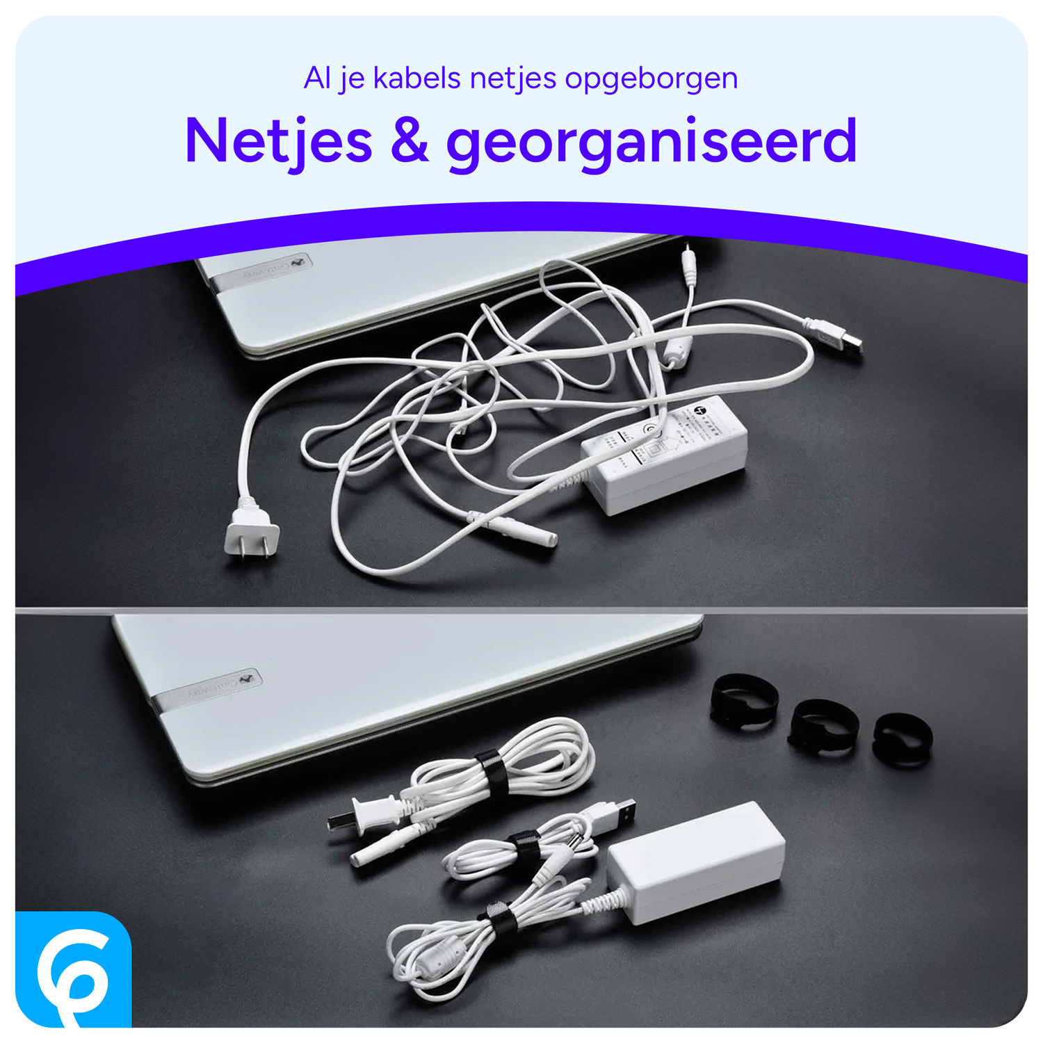 10 Pack Herbruikbare Kabelbinders Klittenband Kabels Opbergen Zwart afbeelding 3