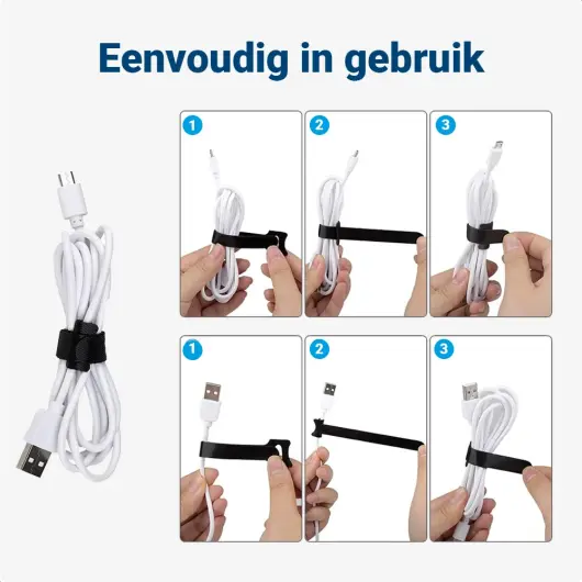 50 Pack Herbruikbare Kabelbinders Klittenband Kabels Opbergen Zwart afbeelding 7