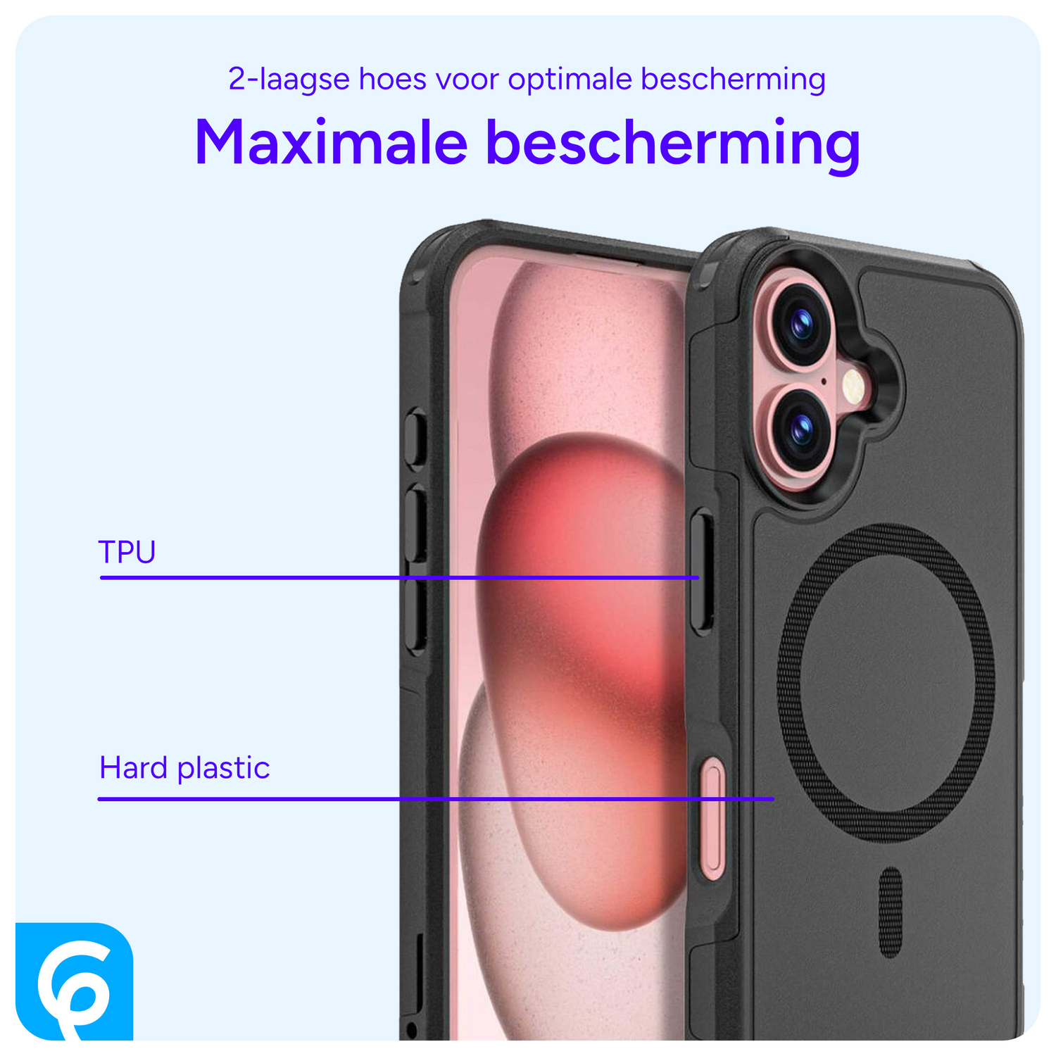 Apple iPhone 16 Hoesje Dual-Layer Hybride Back Cover met MagSafe Zwart afbeelding 6