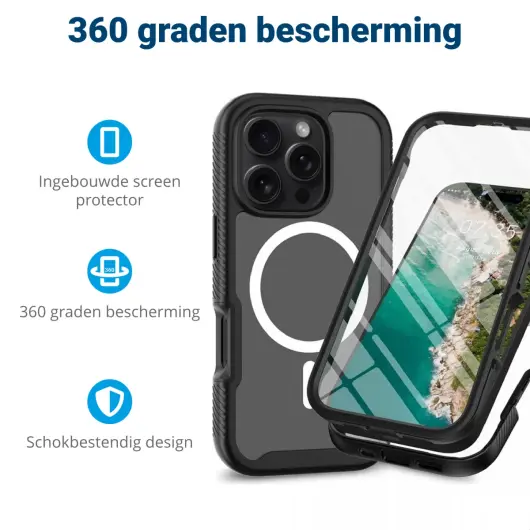 Apple iPhone 16 Pro Max Hoesje Full Protect 360° Cover met MagSafe Zwart afbeelding 2