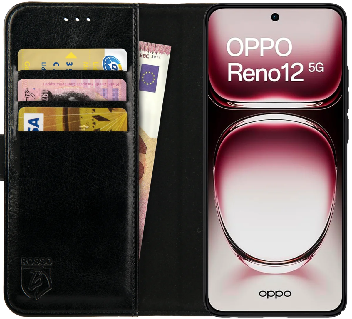 Rosso Element Oppo Reno 12 Hoesje Book Case Wallet Zwart afbeelding 1