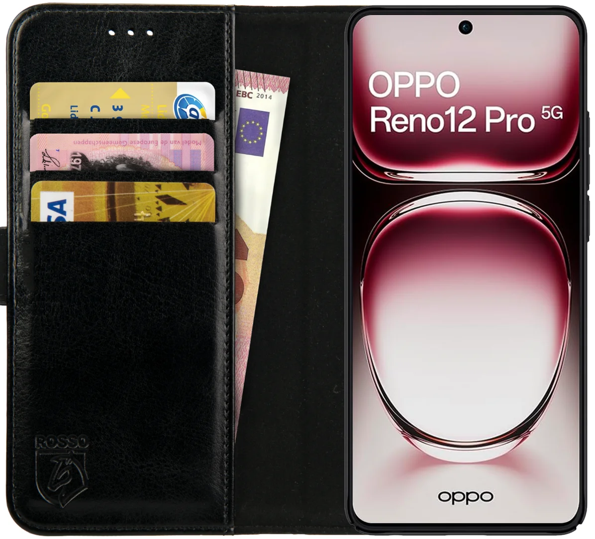 Rosso Element Oppo Reno 12 Pro Hoesje Book Case Wallet Zwart afbeelding 1