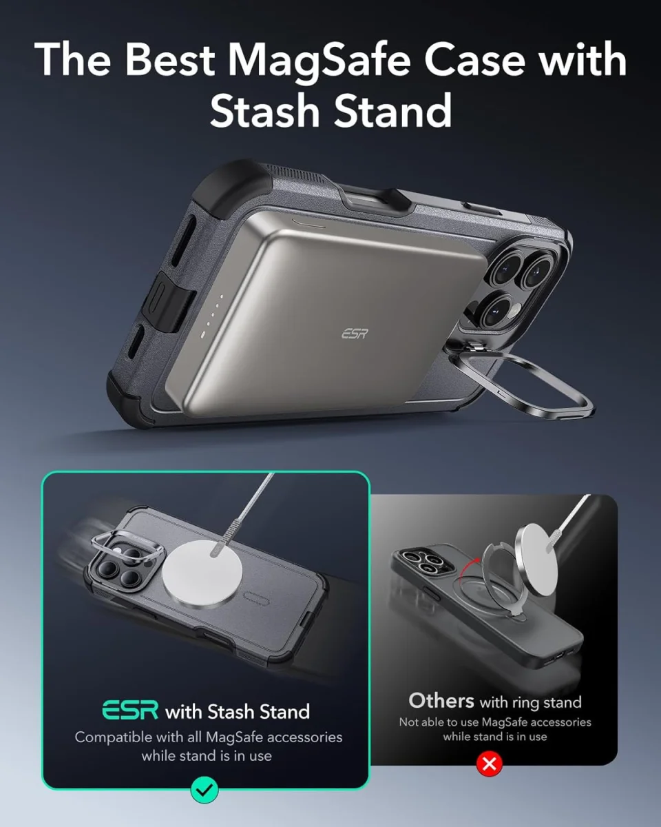 ESR Cyber Armor Apple iPhone 16 Pro Hoesje MagSafe met Stand Grijs afbeelding 3