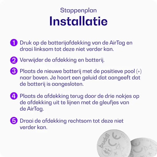Buddi Apple AirTag Batterij CR2032 Lithium Knoopcelbatterij 210mh / 3V (5-Pack) afbeelding 7