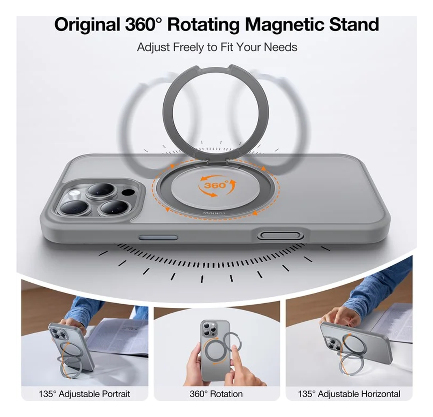 TORRAS Ostand Pro MagSafe Apple iPhone 16 Pro Hoesje 360° MagSafe Stand Grijs afbeelding 5