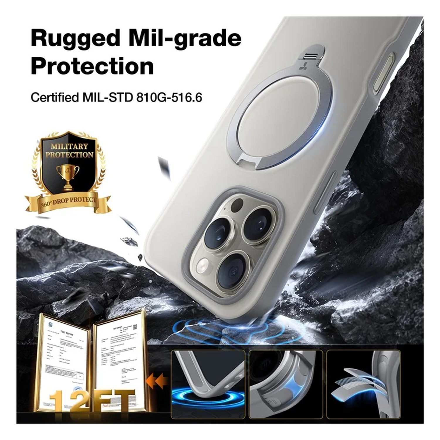 TORRAS Ostand Spin Apple iPhone 16 Pro Hoesje 360° MagSafe Stand Grijs afbeelding 3