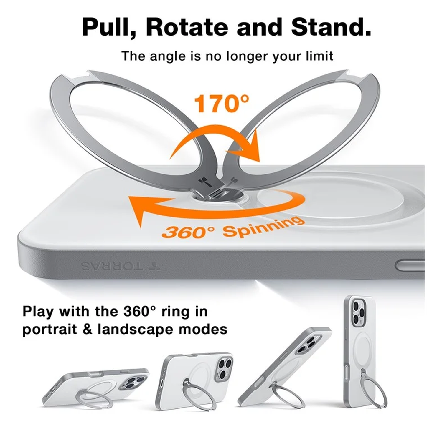 TORRAS Ostand Spin Apple iPhone 16 Pro Hoesje 360° MagSafe Stand Grijs afbeelding 4