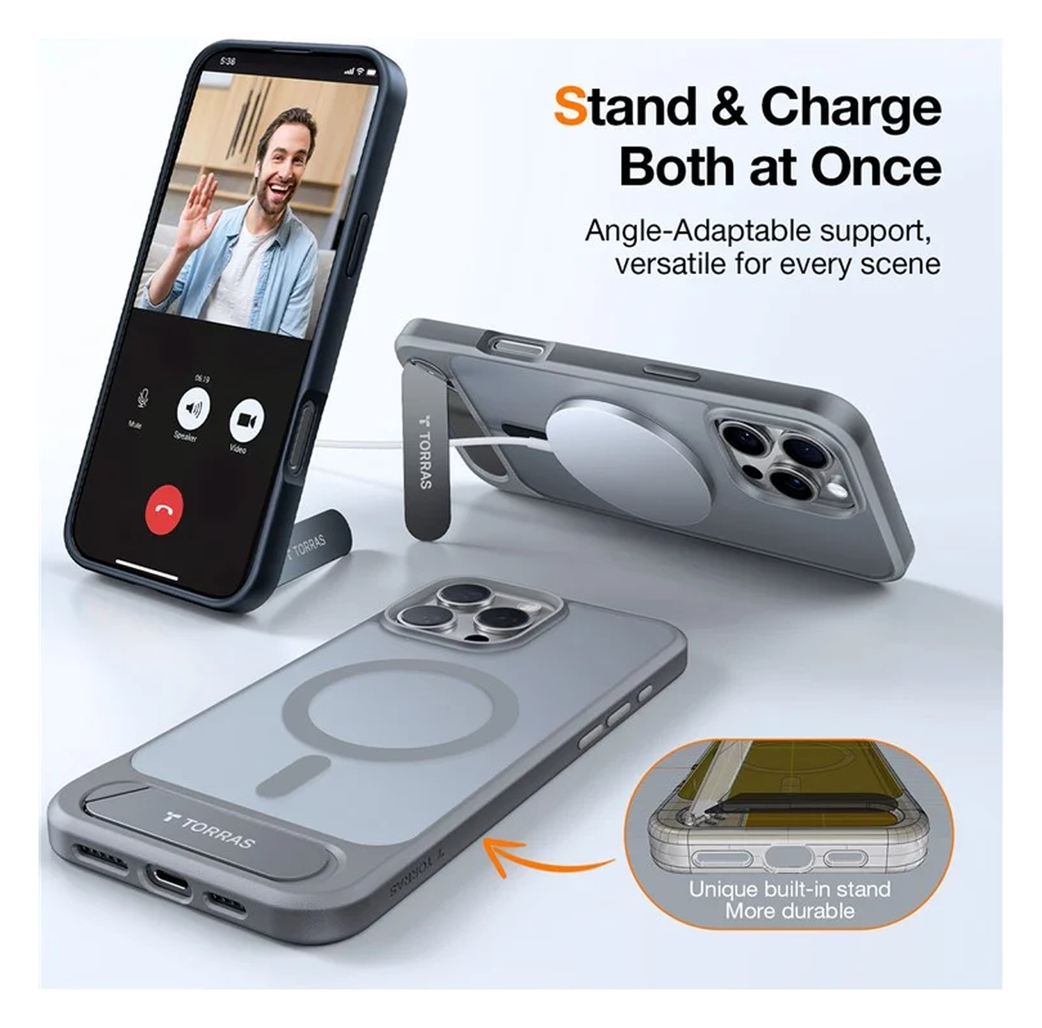TORRAS Pstand Apple iPhone 16 Pro Hoesje MagSafe met Kickstand Grijs afbeelding 7