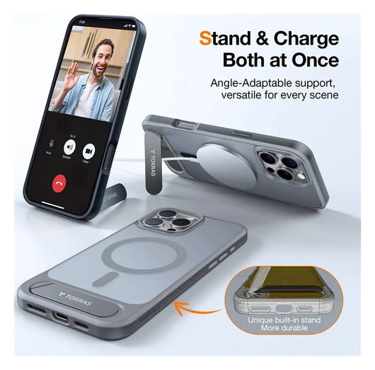 TORRAS Pstand Apple iPhone 16 Pro Hoesje MagSafe met Kickstand Grijs afbeelding 7
