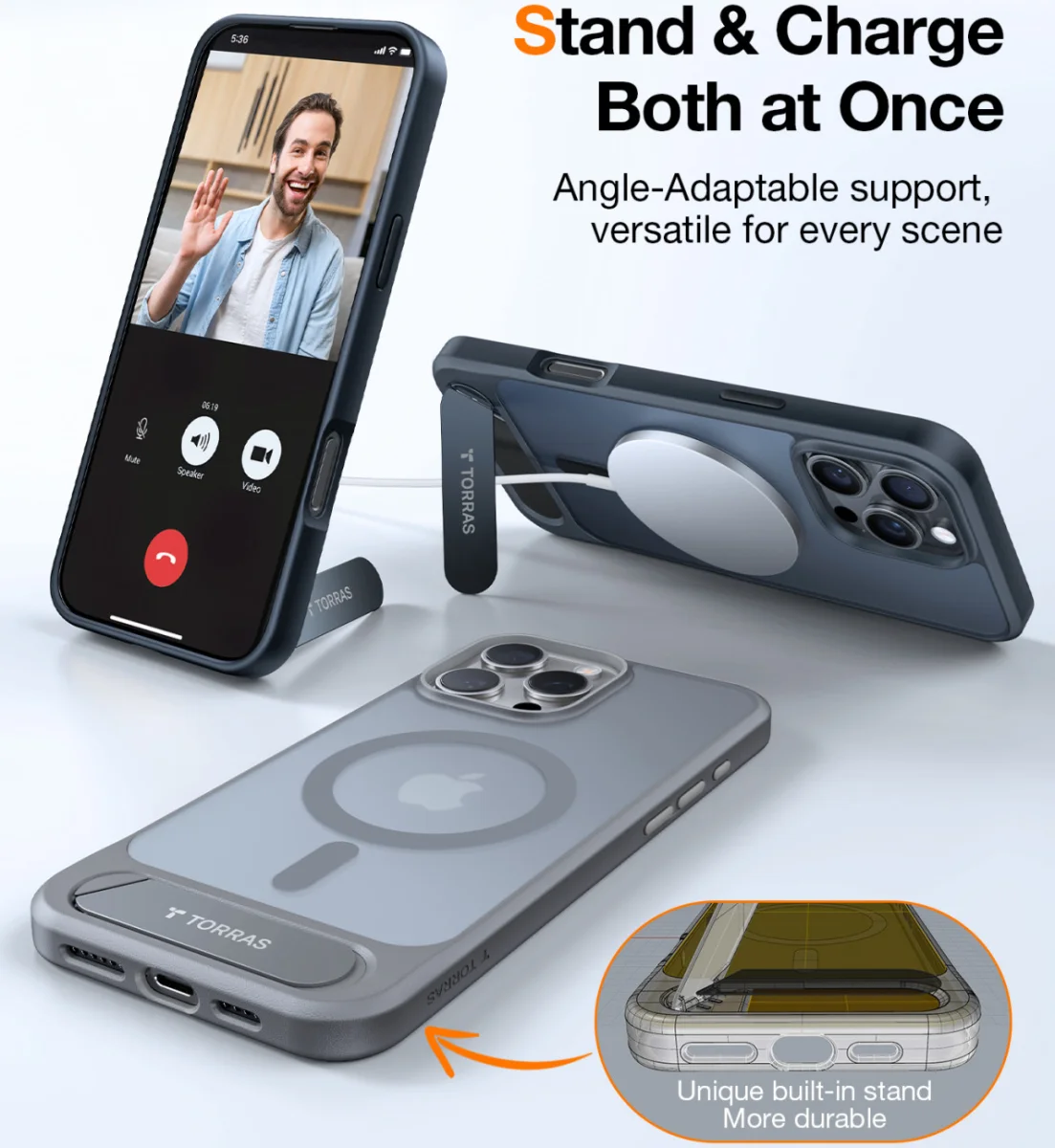 TORRAS Pstand Apple iPhone 16 Pro Max Hoesje MagSafe met Kickstand Zwart afbeelding 7