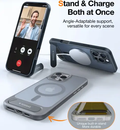TORRAS Pstand Apple iPhone 16 Pro Max Hoesje MagSafe met Kickstand Zwart afbeelding 7